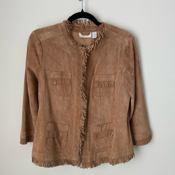 Chico's Jackets & Blazers - Chico's Jacket Brown Leather Suede Collarless Fringe Trim Hook Eye Size 1 (8/10)
